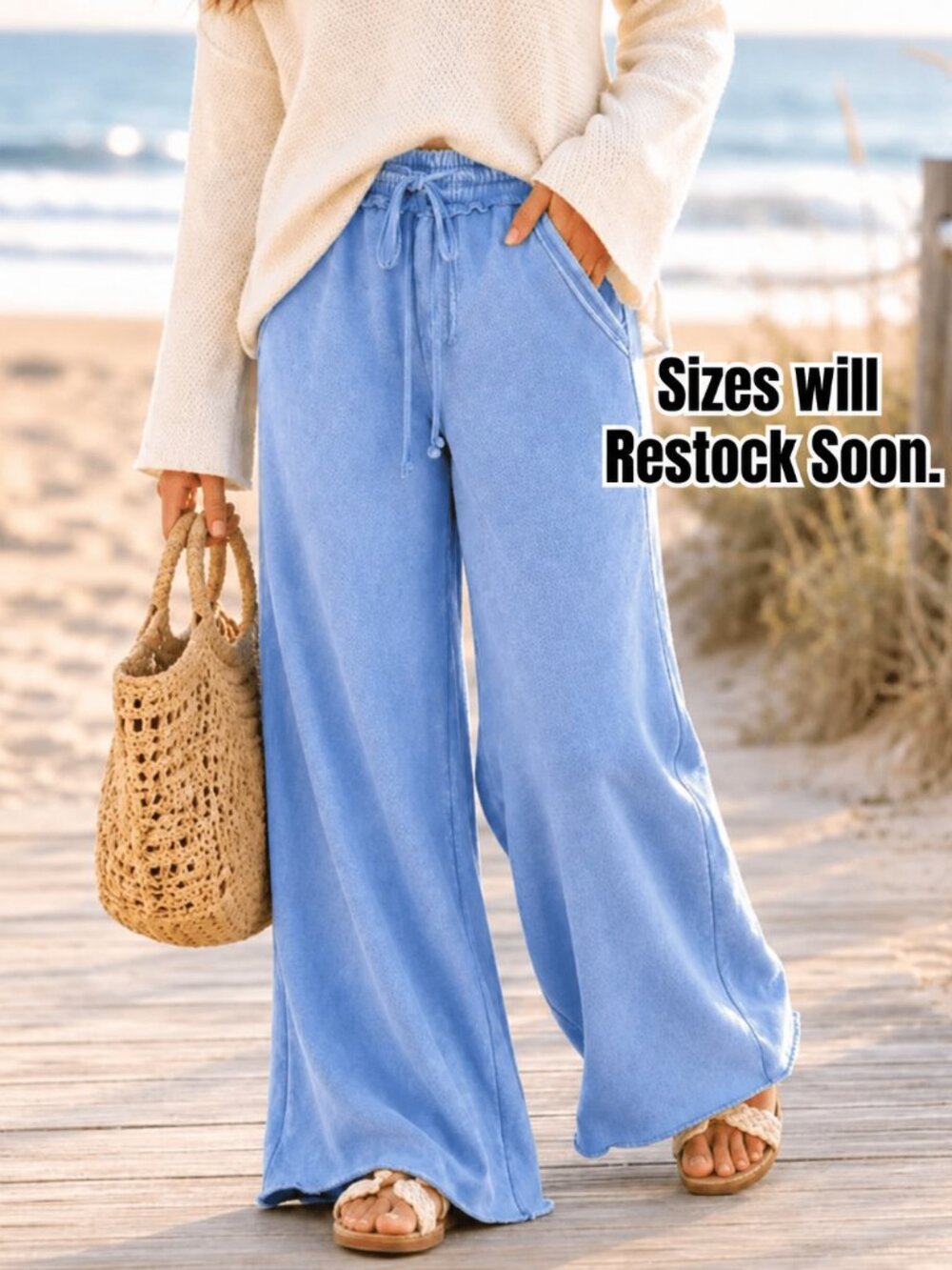 Zenana Outfitters NWT Soft Fleece Mineral Wash Wide Leg Palazzo Comfy Pants Blue